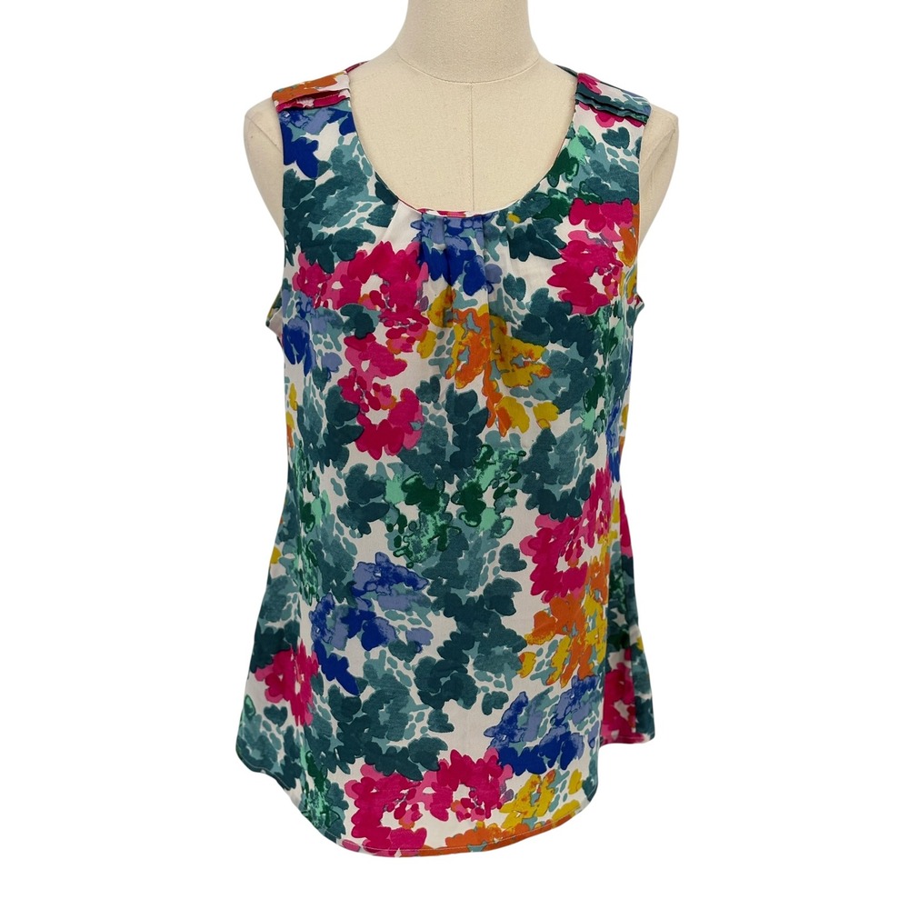 Banana Republic Sleeveless Blouse Multi-Color Floral Watercolor Pleated Size M
